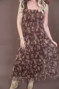 Chocolate Floral Mesh Shoulder Tie Midi Dress