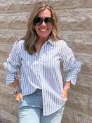 Adjustable Sleeve Button Front Woven Top - White w/ Classic Navy