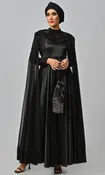 Arabian Jewelled Neck Satin Abaya with Shoulder Drapes