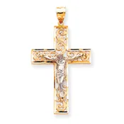 14KT Two-tone Gold Diamond-cut Crucifix Cross Pendant C2015