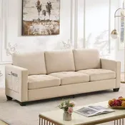 3-Seater Sofa with Wide Armrest, Removable Headrest and Side Storage Pockets, for Living Room and Bedroom