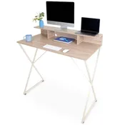 48" Fixed-Height Standing Desk with Monitor Shelf and Storage Cubbies - Cream Frame/American Maple Top