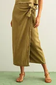 100% Linen Raw Hem Wrap Skirt in Olive