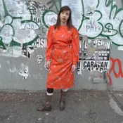 Blood orange/red peacock dress with matching belt — Antoinette Brooklyn
