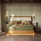 King Solid Wood Bed with Leather Extended Headboard &amp; Floating Smart Nightstand Set