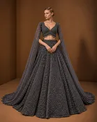 Gunmetal Charcoal Embroidered Reception Lehenga