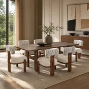 7-Piece Mid-Century Modern Walnut Dining Set with 6 Upholstered Chairs