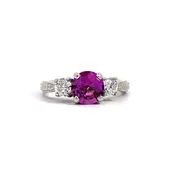 14K White Gold Ring with 1.17ct Round Hot Pink Sapphire and .50ctw Diamond Side Stones – Milgrain Shank, Size 7