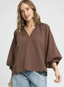3/4 Balloon Sleeve Top Chocolate by Umgee