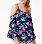 7 Sisters Juniors Printed Bell-Sleeved Top Navy Floral L