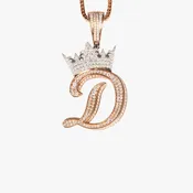 10K White and Rose Gold Double Layer “D” Initial with Crown Diamond Pendant