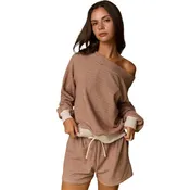 Brown/Cream Off Shoulder Stripe Long Sleeve and Shorts Set