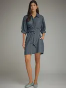 3/4 Sleeve Denim Mini Dress with Self-Tie Waist Detail