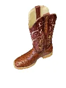 Men’s Square Toe Boots Cognac Ostrich Print Leather