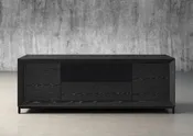RAFAELA-86" AWESOME OAK MEDIA CONSOLE IN EBONY WITH A SOLID STEEL BASE