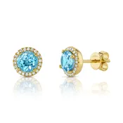 14K Gold 2.06 Carat Blue Topaz Diamond Halo Stud Earrings