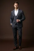 Men’s Navy Blue & Brown Plaid Three-Piece Suit
