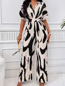 Abstract Print Wrap Wide-Leg Jumpsuit