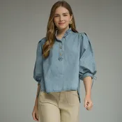 3/4 Puff Sleeve Denim Top