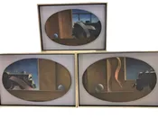 3 WPA Artist Paintings Ribbon Trains Oil on Canvas Ovals Mounted in the Style of Hart Benton