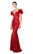 Gemy Maalouf BC1457 Trumpet Gown with Illusion Bateau Neckline & Frilled Shoulders – Red