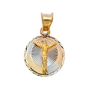 14K Tri-Color Gold Jesus Crucifix Round Medal Pendant – Diamond-Cut Religious Charm