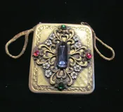 Antique Jeweled Compact Purse 1800's Gold Ormolu Mesh Wristlet Purse Victorian Dance Purse