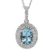 14K White Gold Aquamarine and Diamond Double Halo Pendant