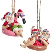 Beach Santa On Float Christmas Tree Ornament Set (Flamingo & Reindeer)