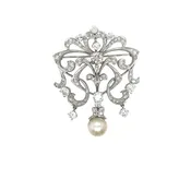 14K White Gold Diamond and Pearl Brooch