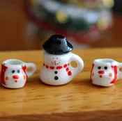 1/12 Miniature Dollhouse Porcelain Mini Snowman Tea Pot and Cup Set - Miniature Christmas Decoration Accessories