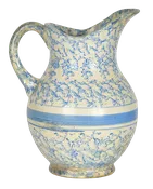 Spongeware Antique 1880s American Salt Glazed Blue White Large Hot Water Pitcher.