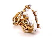 0.32ct Natural Diamond & Baroque Freshwater Pearl Handmade Cocktail Ring 14K Yellow Gold