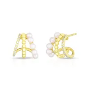 14K Pearl and Pave Diamond Triple Gold Huggies