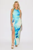 ABSTRACT PRINT MESH HIGH NECK HALTER MAXI DRESS