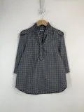 3/4 CUFF SLEEVE HIGH TO LOW RUFFLE NECK HALF PLACKET PLAID WOVEN TOP WITH EMBROIDERY DETAIL-MIDNIGHT SAPPHIRE MULTI