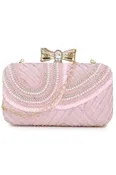 Adorn Baby Pink & White Embellished Faux Silk Clutch (ADCL2206A)