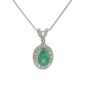 14kt White Gold Emerald Halo Necklace – 18" Wheat Chain