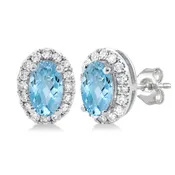 10Kt White Gold 5x3mm Oval Aquamarine & 0.13cttw Diamond Halo Stud Earrings