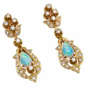 14K Yellow Gold Natural Opal Diamond Chandelier Earrings