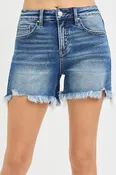 Risen Mid-Rise Frayed Hem Denim Shorts