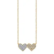 14K YELLOW GOLD MEDIUM DOUBLE HEART NECKLACE ON 18" LIGHT TIFFANY CHAIN