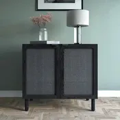 Black 2-Door Cabinet with Black Rattan Panels, MDF Top