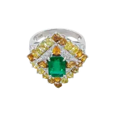 14K White Gold Emerald & Fancy Yellow Diamond Cocktail Ring