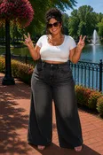 100 BT {Dear Scarlett} Dark Wash Wide Leg Denim Look Pants PLUS SIZE S M L XL 1X 2X 3X