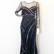 ADRIANNA PAPELL #43029 Navy Blue Sequin Long Dress (Size 4)