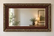 46" RECTANGULAR ORNATE WALL MIRROR WITH MAHOGANY-TONED FRAME