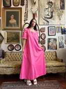 1960s Rare Fuschia Pink Kaftan Mumu Maxi Dress with Crochet Lace Trim Size 2X 40"