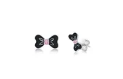 Black Ribbon Pink Crystal White Gold Plated Girl's Stud Earrings