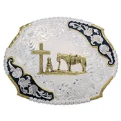 Antique Leaves Western Belt Buckle with Christian Cowboy